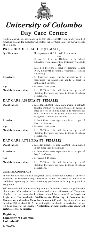 Pre School Teacher (Female), Day Care Assistant (Female), Day Care Attendant (Female) - Day Care Centre - University of Colombo